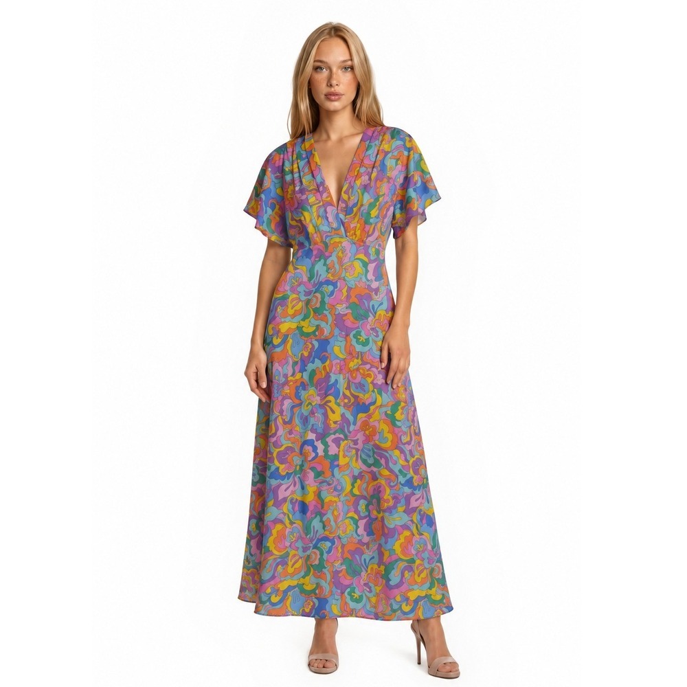 Boston Proper Maxi Dress Womens Size Medium Multicolor Psychedelic Vintage Retro